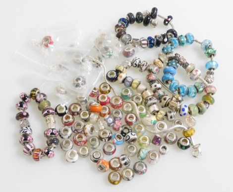 Pandora type bracelets, beads and necklaces. (a quantity)