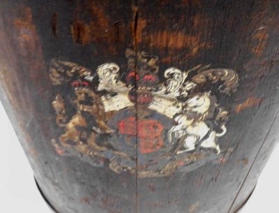 A Victorian wooden fire bucket, with a rope handle, copper banding and painted royal coat of arms, 30cm high excluding handle. - 2