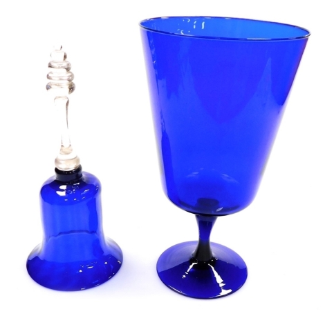 A Bristol Blue goblet, of tapering form on a slender stem and domed foot, 32cm high, and a Bristol Blue glass bell with clear handle, 30cm high.