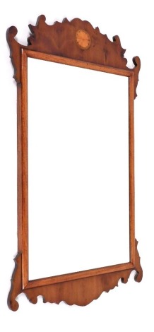 A yew fret frame wall mirror in 18thC style, the shaped crest inlaid with a marquetry fan, 100cm x 57cm.