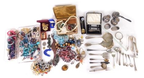 Various costume jewellery and other effects, pair of dwarf candlesticks, 6cm high, napkin ring, various beads, necklaces, etc. (a quantity)