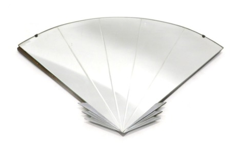 A 1950's fan shaped mirror, with bevel glass and chrome mounts, 52cm x 65cm.