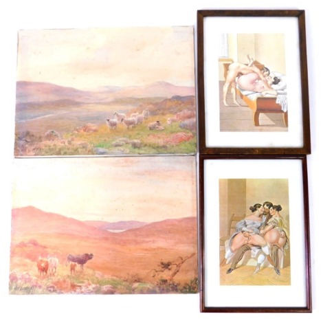 Max Ludby (1858-1943) Cattle and sheep in moorland scenes, watercolours, a pair, and two erotic prints.