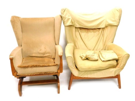 A 1950's wing back armchair, on turned legs, and a similar rocking chair. (2) The upholstery in this lot does not comply with the 1988 (Fire & Fire Furnishing) Regulations, unless sold to a known exporter or upholsterer it will be cut from the frame befo