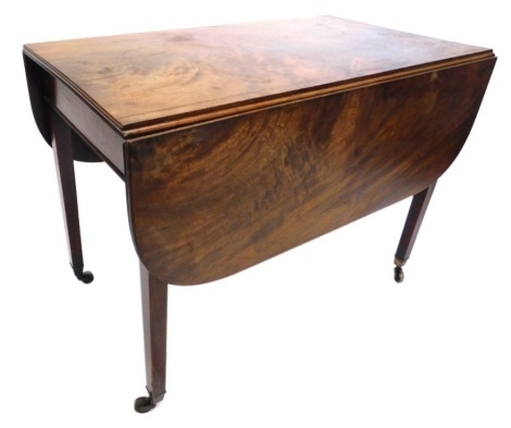 A 19thC mahogany Pembroke table, with frieze drawer, and square tapering legs, terminating in castors, when closed 76cm high, 102cm wide, 58cm deep.