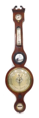 P & A Cicera & Co. A mahogany five dial banjo barometer, with dry damp feature, thermometer, bullseye glass, 19cm diameter main dial, and spirit level, in a swan neck pediment case, 91cm high.