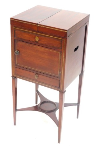 A 19thC mahogany and brass enclosed washstand, the double hinged top opening to reveal a recess for a bowl and two beakers, above a door and drawer, on square tapering legs with undertier, 38cm wide.