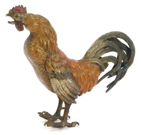 An Austrian cold painted bronze figure of a cockerel, with B and crown stamp to rear, possibly Bergmann, 11.5cm high. (AF)