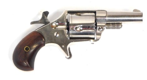 A 19thC Centennial 1876 model nickel plated 5 shot .41 calibre rimfire revolver, the 1 ½" barrel stamped CENTENNIAL 1876 HOOD F.A. Co PAT APR.6.1875, marked on the lower frame CAL.41, Ser No 1664, mahogany handle, 15.5cm overall length. This is an obsolet