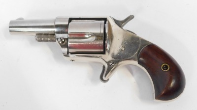 A 19thC Centennial 1876 model nickel plated 5 shot .41 calibre rimfire revolver, the 1 ½" barrel stamped CENTENNIAL 1876 HOOD F.A. Co PAT APR.6.1875, marked on the lower frame CAL.41, Ser No 1664, mahogany handle, 15.5cm overall length. This is an obsolet - 4