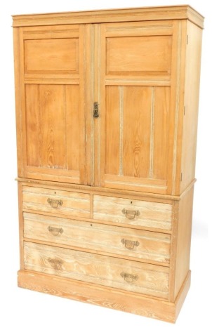 A Victorian blond ash linen press, the top doors above arrangement of three drawers on plinth base, previously painted, 196cm high, 120cm wide, 55cm deep.
