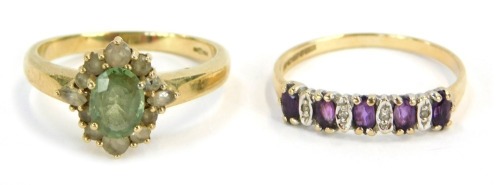 Two 9ct gold dress rings, comprising a peridot and CZ set cluster ring, ring size O½ and an amethyst and CZ set half hoop dress ring, ring size O, 4.6g all in.