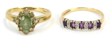 Two 9ct gold dress rings, comprising a peridot and CZ set cluster ring, ring size O½ and an amethyst and CZ set half hoop dress ring, ring size O, 4.6g all in.