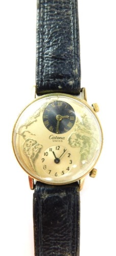 A Catena Swiss twin dial wristwatch, with blue roman numeric dial and gold numeric dial, and map of the world, in stainless steel case, on black leather strap, numbered 346507, 3.5cm diameter.