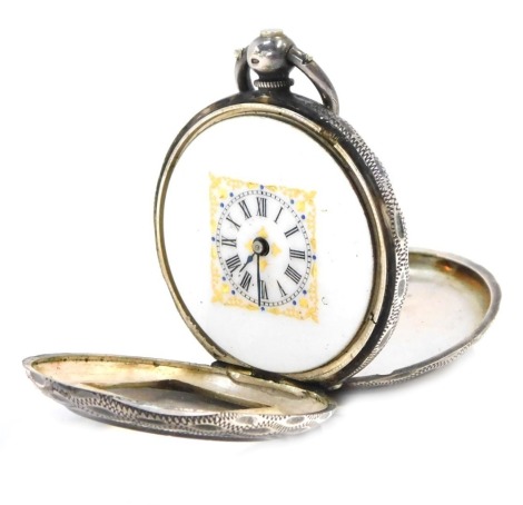 A late 19thC silver fob watch, the square set dial with white enamel back and gilt and blue detailing, with blue hands, in a hammered case with vacant cartouche, stamped 935, keywind, 37.2g all in.