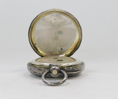 A late 19thC silver fob watch, the square set dial with white enamel back and gilt and blue detailing, with blue hands, in a hammered case with vacant cartouche, stamped 935, keywind, 37.2g all in. - 4