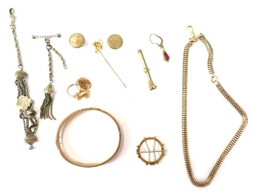 9ct gold and other jewellery, comprising 9ct gold pig charm and heart padlock, watch chain with 10K clasp on a plated chain, part white metal watch chain, 9ct gold pendant frame, silver gilt bangle, etc.