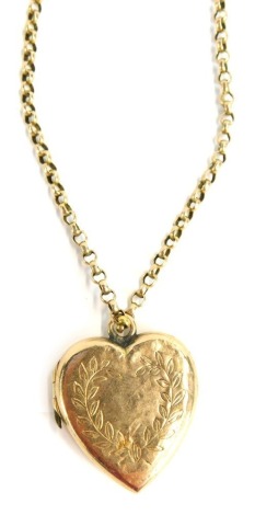 A 9ct gold heart shaped locket and chain, the heart shaped locket with vine detail, 3cm high, on a curb link neck chain with barrel clasp, 56cm long, 8.4g all in.