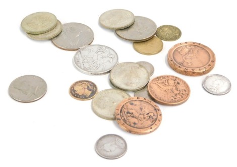 A group of coinage, comprising a Victorian 1889 crown, two Liberty collector's toys, spade guinea, Canadian dollar, cartwheel coins, Victoria collector coin, etc. (a quantity)