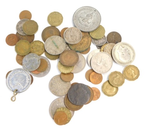 A group of coins and tokens, thru'penny pieces, shillings, sporting badges, etc. (a quantity)