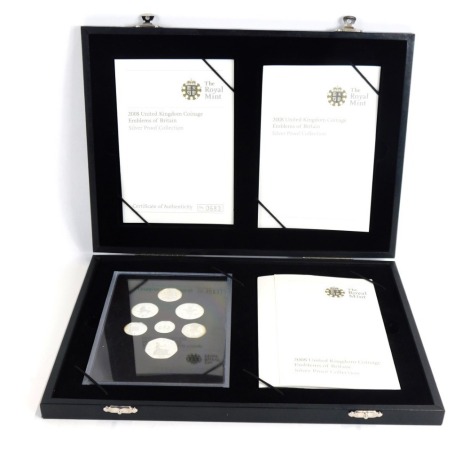 A Royal Mint 2008 United Kingdom Coinage Emblems of Britain silver proof coin set, with certificate of authenticity, number 0683, in presentation box.