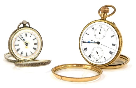 A gold plated pocket watch, and a white metal fob watch, stamped 925. (2)