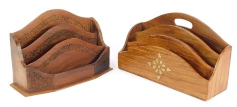 Two Eastern hardwood letter racks, one with inlaid glass wire flower decoration, 22cm high, and a further example with carved fret, 22cm high. (2)