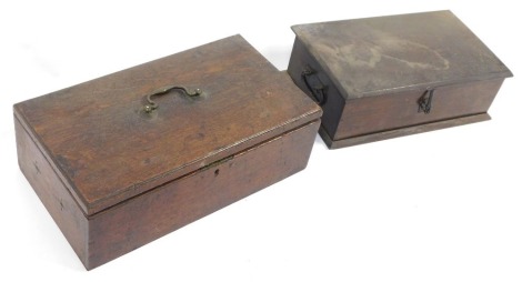 Two oak boxes, each with a plain interior and metal supports, 46cm and 39cm wide.