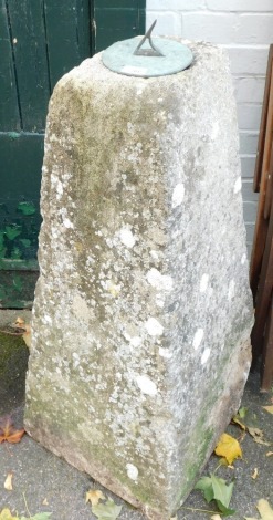 A staddle stone, converted to a sun dial, 105cm high, 41cm x 41cm.