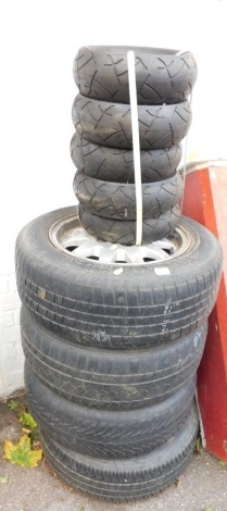 A set of four BMW alloy wheels, with Vredestein Sprint H60 205-60 R15 tyres, and five Racing Purposes 19-65-8 tyres.