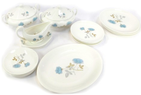 A Wedgwood Ice Rose pattern part dinner service, comprising two tureens, gravy boat and saucer, four side plates, six medium plates and six dinner plates and a meat plate. (1 tray)