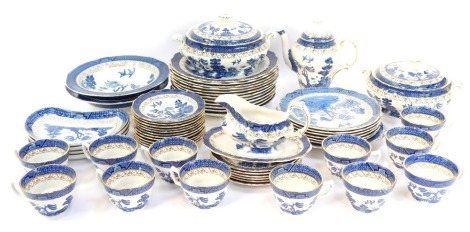 A set of Booths Old Willow wares, comprising two tureens, teapot, twelve cups and saucers, four half moon plates, five side plates, twelve dinner plates and two large serving bowls, together with a set of Lighter print pattern wares, one cake plate and si