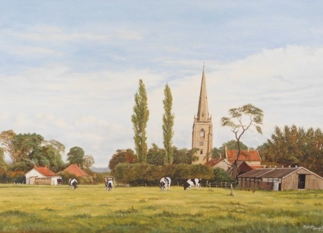 Malcolm Doughty (20thC School). Leasingham Church with cattle, signed, oil on board, 75cm x 50cm.