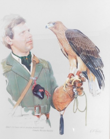 K W Padley. Robert J H Creese with his immature Bernouilli's Eagle, Bernoulli's Eagle, Hieraetus Faseiatus Faseiatus, watercolour, 53cm x 42cm, framed.