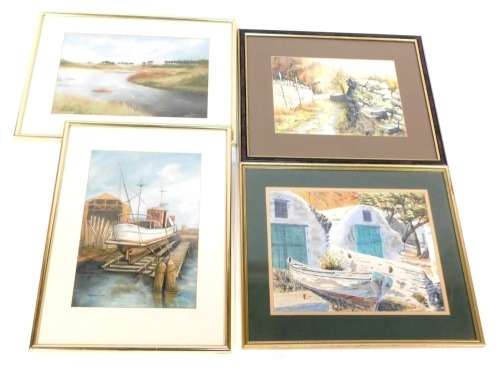 Four paintings, comprising Tony Sudall. Thirassia Boathouses, 30cm x 40cm, Michael Birkby. Easdale Pathway, watercolour, 26cm x 35cm, Mawdsley. Repair and Paint, 38cm x 26cm and J Mawdsley. Manmade Lake Wick's Lane Looking East, pastel, 27cm x 40cm, all f