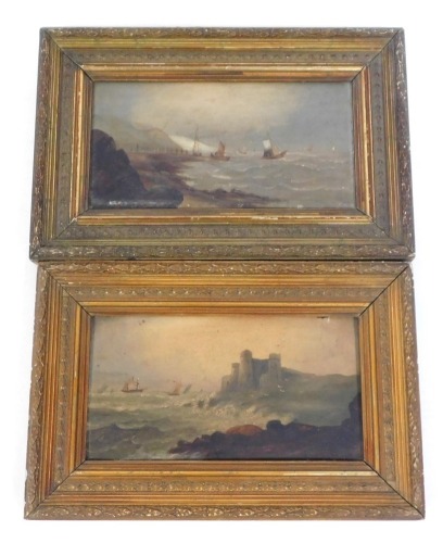 19thC School. Shipping scenes, oil on board, a pair on ornate gilt frames, 15cm x 29cm. (2)