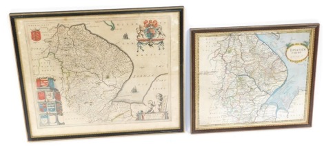 Two 19thC Lincolnshire framed maps, comprising After Robert Morden, Lincolnshire hand coloured, 38cm x 44cm, and another of Lincolnshire and Cambridgeshire 46cm x 56cm, framed and glazed. (2)