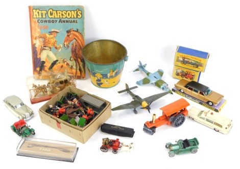 Diecast toys and collectables, two Matchbox models, Y12 and Y11, diecast aeroplanes, poker dice, seaside tin bucket commemorative coach, Britain's plastic soldier figures, kit cars and 1956 Kit Carson's Cowboy Annual and a silver Parker pen. (a quantity)