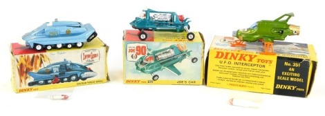 Three boxed Dinky toys, comprising The Spectrum Pursuit vehicle for Captain Scarlet and The Mysterons, Joe's Car no.102 and UFO Interceptor no. 351, boxed. (3)