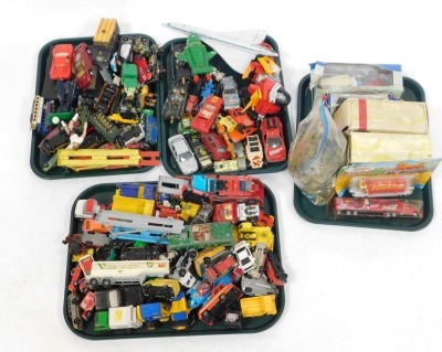 A quantity of diecast playworn vehicles, cars, trucks, transporters, boxed Matchbox, army figures, etc. (4 trays)