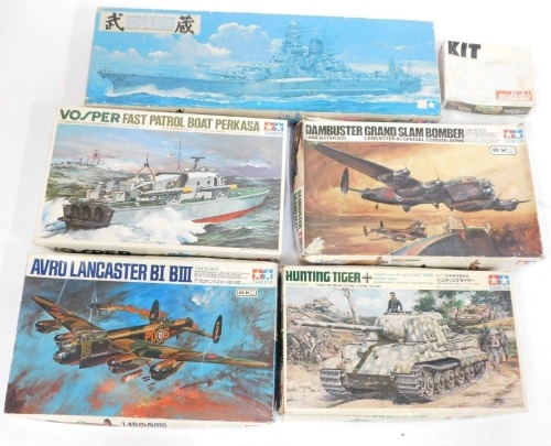 Five Tamiya boat and plane models, comprising Japanese Battleship Musashi, Lancaster Avro, The Fast Patrol Boat Perkasa, Dambuster Gran Slam Bomber and a Hunting Tiger box only, no contents, and a Celedo Alfa Romeo kit, boxed. (6)