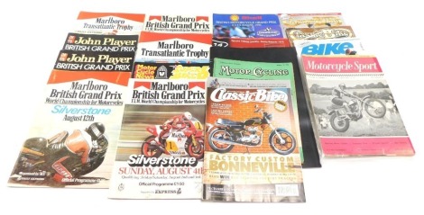 Motorcycle programmes, comprising John Players British Grand Prix, Silverstone 13th - 14th August 1977, Britain vs America Challenge Marlboro Transatlantic Trophy, Silverstone 5th - 6th August 1978, Marlboro British Grand Prix August 12th, Sunday July 31s