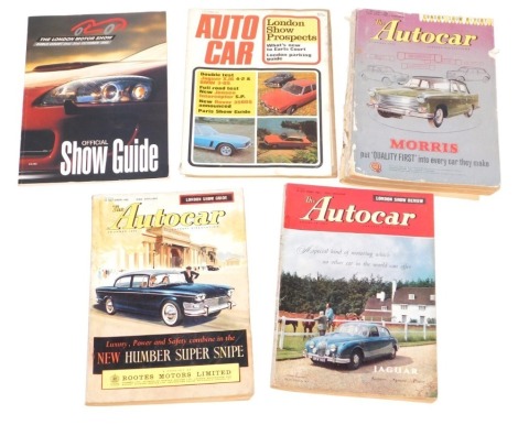 Four copies of The Autocar, being 1960 London Show guide, 1960 London Show Review, 1960 London Show report, 1971 London Show prospects, The London Motor Show guide for 1993.