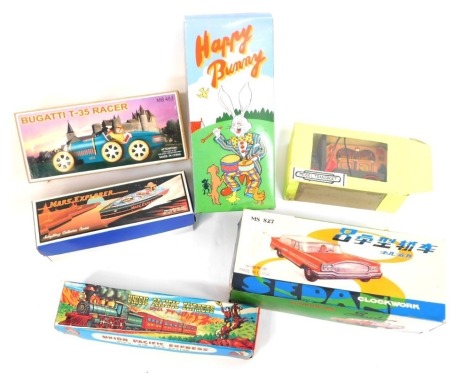 Boxed tin plate toys, Happy Bunny, Bugatti T35 racer clockwork MS827, model transport organ, Mars Explorer and The Union Pacific Express, boxed. (6)