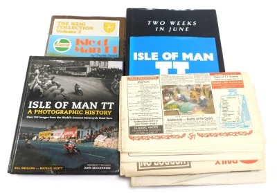 Motorcycle racing books, comprising Isle of Man TT 1989 Review, The Keig Collection Volume II, Charles Deane Isle of Man TT, Bill Snelling Isle of Man TT Photographic History, newspaper prints, and a Celebration of Honda's 50th Anniversary 1998 Isle of Ma