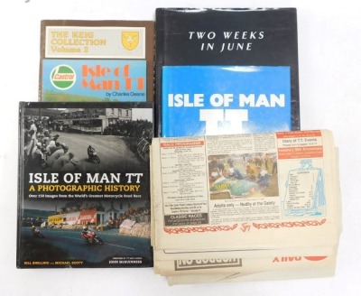 Motorcycle racing books, comprising Isle of Man TT 1989 Review, The Keig Collection Volume II, Charles Deane Isle of Man TT, Bill Snelling Isle of Man TT Photographic History, newspaper prints, and a Celebration of Honda's 50th Anniversary 1998 Isle of Ma - 2