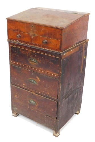 A 19thC mahogany clerks desk, and a pine workshop chest with three drawers, 108cm high, 59cm wide, 52cm deep.