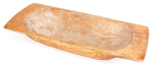 A French fruitwood dough bin or trough, 25cm high, 137cm wide, 56cm deep.