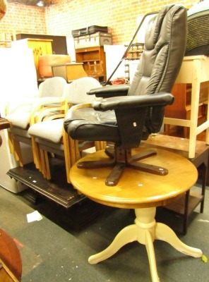 A low coffee table, a circular pine kitchen table and a faux leather office chair. (3)