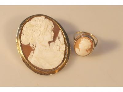 An oval shell cameo in yellow metal frame stamped C18 together with a shell